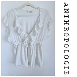 Anthropologie MOTH Cap Sleeve Ruffle Boho 100% Cotton Cardigan Top in White Sz S